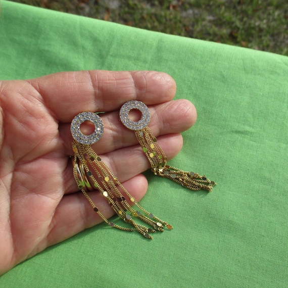 Clear Rhinestone Circular Dangling Chain Pierced … - image 1