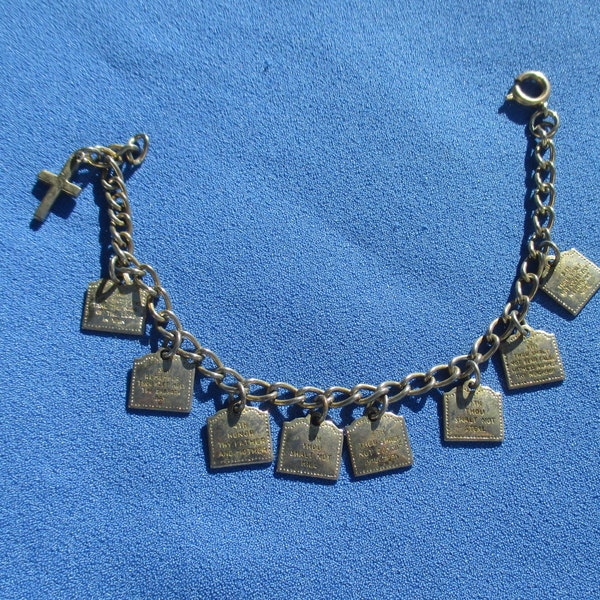 Vintage Ten Commandments Charm Bracelet With Cross Missing, Number One, Number 10 Charms