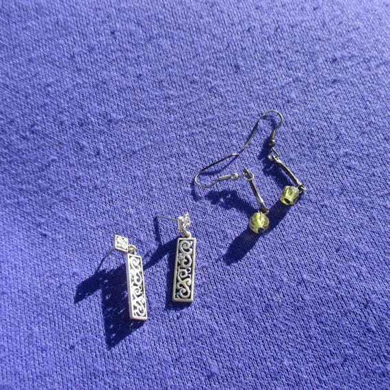 Rectangular & Green Beaded Dangling Pierced Earri… - image 3