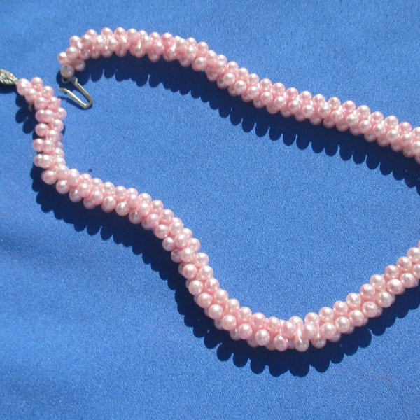 Vintage Hong Kong Pink Faux Pearl Beaded Necklace With Rhinestone Clasp Restring, Repurpose