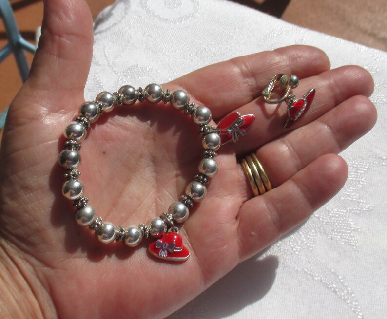 Retro Red Hat Beaded Stretch Charm Bracelet Plus Single Odd Earring Restring Repurpose
