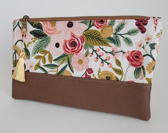 Zippered Clutch Purse, Floral Makeup bag, Rifle Paper Co, zipper pouch, travel bag, clutch, make up project bag, zippered bag, faux leather.