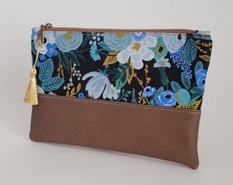 Zippered Clutch Purse, Floral Makeup bag, Rifle Paper Co, zipper pouch, travel bag, clutch, make up project bag, zippered bag, faux leather.