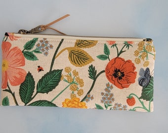 Rifle Paper Co canvas fabric Pencil Case, zipper pouch, notions case, makeup brushes, pens, school supplies.