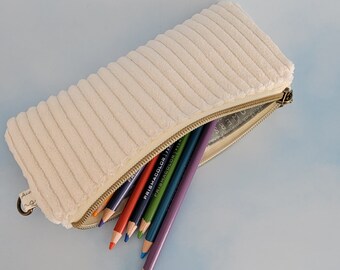 Corduroy fabric Pencil Case, zipper pouch, notions case, makeup brushes, pens, school supplies.