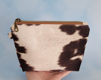 Faux Cowhide print fabric Makeup bag, zipper pouch, travel bag, clutch, make up project bag, zippered bag, hand made gift, bridal gift.