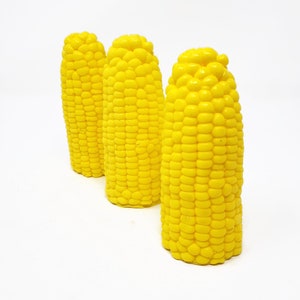 Puede incluir: Tres mazorcas de ma&iacute;z amarillas sobre un fondo blanco.