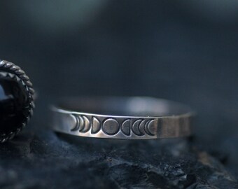 Stamped Moon Phase Stacking Ring in Sterling Silver - Made to Your Size