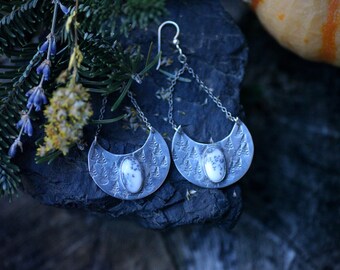 Snow Chariot Earrings -  Dendritic Opal and Stamped Tree Shield Dangles