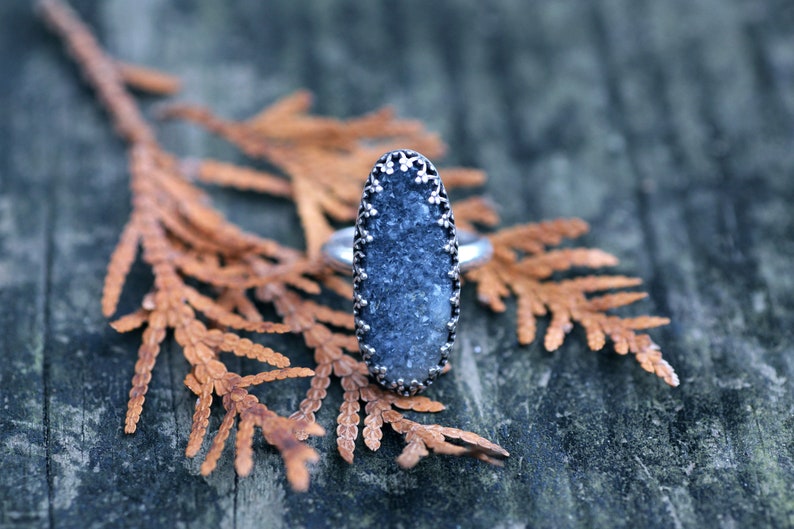 Handcrafted Sparkling Black Druzy Agate Statement Ring in 925 Sterling Silver size 7.25 7 14 Womens Intricate bezel set agate stone