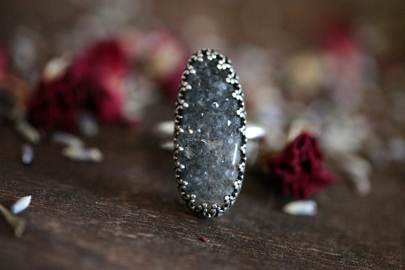 Handcrafted Sparkling Black Druzy Agate Statement Ring in 925 Sterling Silver size 7.25 7 14 Womens Intricate bezel set agate stone