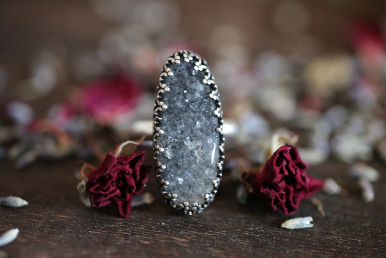 Handcrafted Sparkling Black Druzy Agate Statement Ring in 925 Sterling Silver size 7.25 7 14 Womens Intricate bezel set agate stone