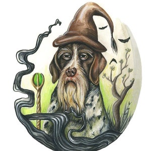 May include: A brown and white dog wearing a brown wizard hat and holding a green and gold staff. The dog is surrounded by a black and white swirling design and a tree with white flowers.
