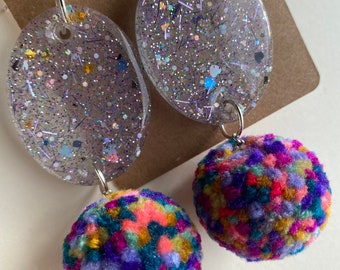Iridescent Glitter Earrings with Pom Poms