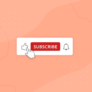May include: A white button with a red "SUBSCRIBE" button in the center. A hand with a finger pointing at the button. A bell icon is on the right side of the button.