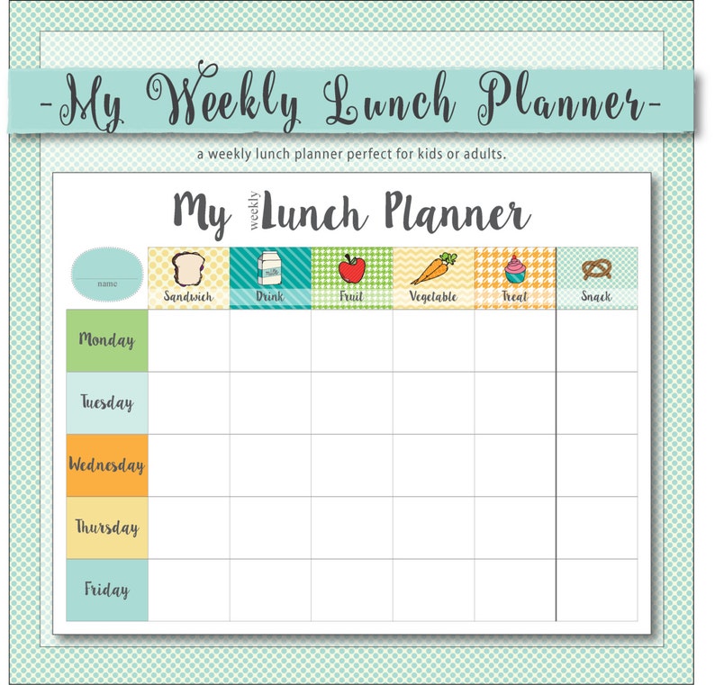 My Weekly Lunch Planner // a weekly menu planner for kids or Etsy My Weekly Lunch Planner // a weekly menu planner for kids or Etsy