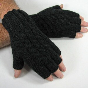 Merino/Alpaca Mens Size L or M, Cabled Half Finger Gloves Anthracite Black, Texting Gloves Hand Knit Soft Warm, Fathers Day Gift Under 43.00