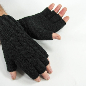 Merino/Alpaca Mens Size L or M, Cabled Half Finger Gloves Anthracite Black, Texting Gloves Hand Knit Soft Warm, Fathers Day Gift Under 43.00