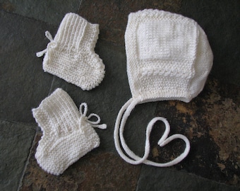 Baby Merino Wool Off-White or Grey Bonnet & Booties Set, 0-3 Months Size,Original Design,Vintage-Inspired, Hand Knit Great Baby Shower Gift,