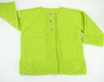 Baby Cardigan Sweater, Lime Green, Size 9-12 Month, Seamless Hand Knit, Soft, Easy Care Hypo-allergenic, Great Baby Gift Idea Under 30.00