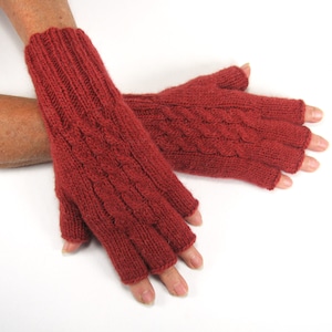 Ladies Merino/Alpaca Wool, Half-Fingered Gloves, Marsala Red, Cabled, HandKnit, Very Soft, Warm, Lightweight, Gifts for Her under 50.00