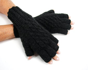 Women's Merino/Alpaca Wool, Anthrocite Black, Cabled, Half-Fingered, Fingerless Gloves,  Soft, Warm, Lightweight, Gifts for Her Under 45.00