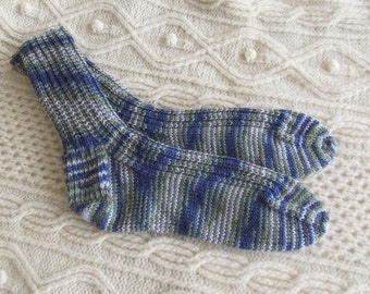 Superwash Merino Wool Socks - Adult Size US 9-11 (EU 40-42, Hand Knitted, Very Warm, Soft,Self-Striping Sage Green, Denim Blue, Grey