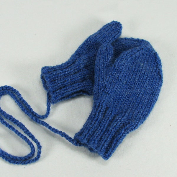 Toddler Wool Blend Mittens on String Blue Heather, Choice of Sizes 1-2, 2-4, 4-6 Hand Knit Seamless Thick,Cozy,Soft, Great Stocking Stuffer