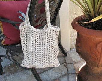 Hippy Market Tote Bag Crochet Cotton/Linen Mesh, Beige, Light Weight Casual Shoulder Bag, Boho Book Bag, Minimalist Great Eco-Friendly Gift