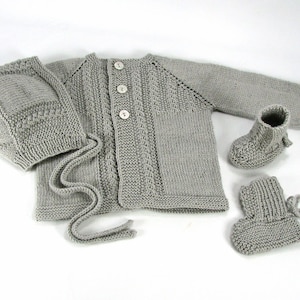 Merino Wool Baby Size 0-2 Months Light Grey Sweater Bonnet Booties Set, Original Design,Hand Knit Vintage Inspired, Great Gift,READY TO SHIP