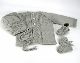 Merino Wool Baby Size 0-2 Months Light Grey Sweater Bonnet Booties Set, Original Design,Hand Knit Vintage Inspired, Great Gift,READY TO SHIP