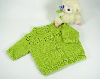 Baby Girl Lacy Cardigan Sweater, Lime Green, Size 1-4 Month, Seamless Hand Knit, Hypo-allergenic, Great Baby Gift Idea Under 30.00