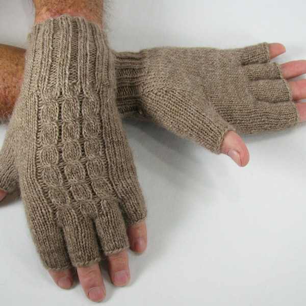 Men's Merino/Alpaca Wool, Half Finger, Hand Knit, Fingerless Gloves, Tan/Beige, Luxuriously Soft, Warm Lightweight Gift for Him Under 45.00