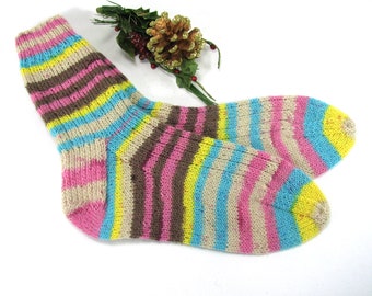 Superwash Wool Socks - Adult Size 8-9 US/38-40 EU, No Sag, Self-Striping Beige, Mauve, Pink, Aqua,  Very Warm, Soft, Great Gift Under 35.00
