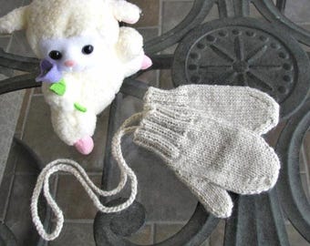Hand Knit Wool Blend Toddler Mittens on a String - Natural Heather, Size 1-2, 2-4