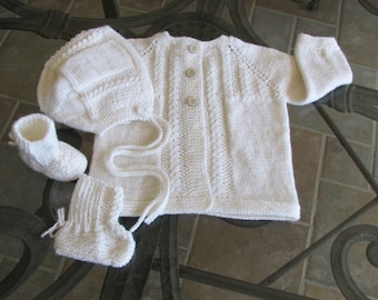 White Baby Merino Wool, Sweater/Bonnet/Booties Set, 0-3 Months, Original Design, Vintage Inspired, Matinee Set, Layette, Great Baby Gift