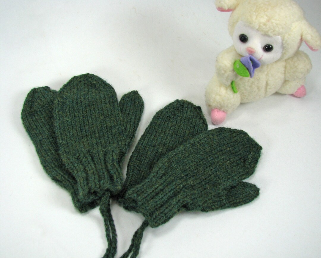 Toddler Soft Wool Blend Mittens on String, Forest Green, Choice of