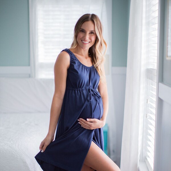 Maternity Labor Delivery Nursing Hospital Gown / By Baby Be Mine / Hospital Bag Must Have / Baby Shower Gift / Ready To Ship! - Navy 3 in 1