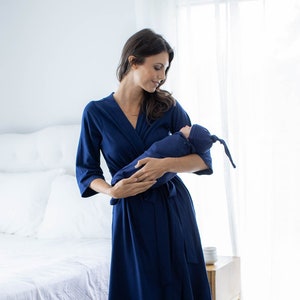 Mommy and Me Maternity Nursing Delivery ROBE and Navy Blue Baby Boy SWADDLE Blanket Set/ Baby Baby Be Mine/ Baby Shower Gift image 1