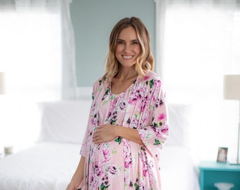 Maternity Labor Delivery Nursing Birthing Hospital Gown & Matching Maternity Delivery Robe Set / Baby Be Mine / Amelia