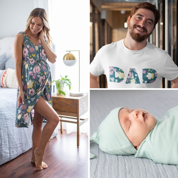 Family Matching Maternity Delivery Hospital Labor Gown & Sage Baby Swaddle Blanket Set + Dad Daddy T-Shirt/Baby Be Mine Charlotte