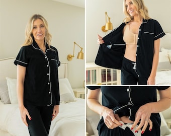 Post Surgery Recovery Pajamas / Mastectomy / Breast Cancer / Tummy Tuck /Mommy Makeover /Internal Pockets For Drainage / By Gownies /  Black