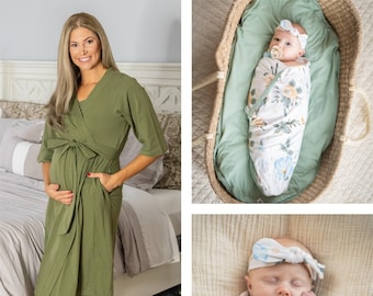 Maternity Nursing Delivery Robe and Baby Girl Swaddle Blanket Set /Mommy and Me / Baby Shower Gift/ Baby Be Mine / Hadley + Olive Green