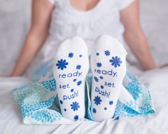 Ready. Set.Push! Blue Fun Labor Delivery Push Non Skid Hospital Socks For Mom To Be, Hospital Bag Must Have, Best Baby Shower Gift