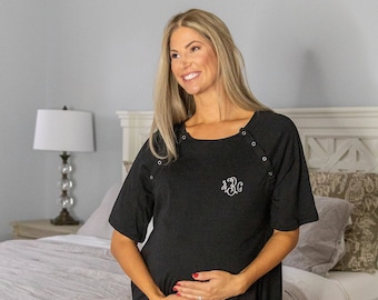 Monogrammed Maternity Labor Delivery Hospital Gown GOWNIE / Nightgown/by Baby Be Mine /Baby Shower Gift / Hospital Bag /Black