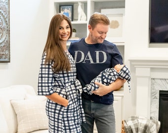 Family Matching Maternity Labor Delivery ROBE & Baby Boy SWADDLE Blanket Set + Dad Daddy T-shirt /Baby Shower Gift/Baby Be Mine/Blue Gingham