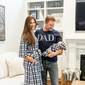 Family Matching Maternity Labor Delivery ROBE & Baby Boy SWADDLE Blanket Set + Dad Daddy T-shirt /Baby Shower Gift/Baby Be Mine/Blue Gingham