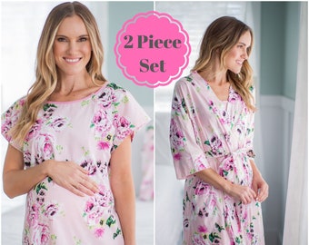 2 PC Set - Amelia Floral Maternity Delivery Labor Nursing Robe & Matching Maternity Labor Hospital Delivery Gown Gownie, Baby Be Mine, Gift