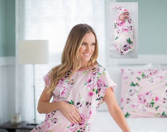 Robe d'hôpital pour maternité et accouchement GOWNIE et couverture assortie pour bébé fille + taie d'oreiller/Baby Be Mine/Cadeau pour baby shower/Amelia