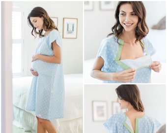 Maternity Labor Delivery Nursing Hospital Gown Gownie /Baby Be Mine / Monogram Available/ Hospital Bag /Baby Shower Gift/ Nicole Blue Dotted